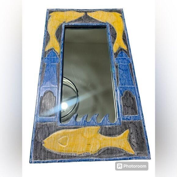 Vintage 19 X 11 Nautical Themed Resin Blue And Yellow Mirror‎ - Picture 1 of 8